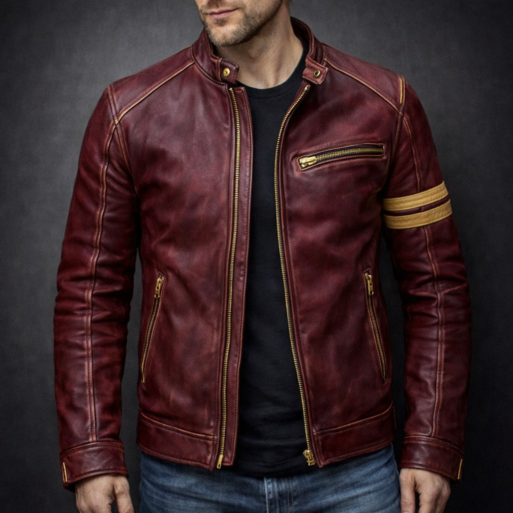 Men's Patina Leather Jacket with 4-Pocket Zip-Up