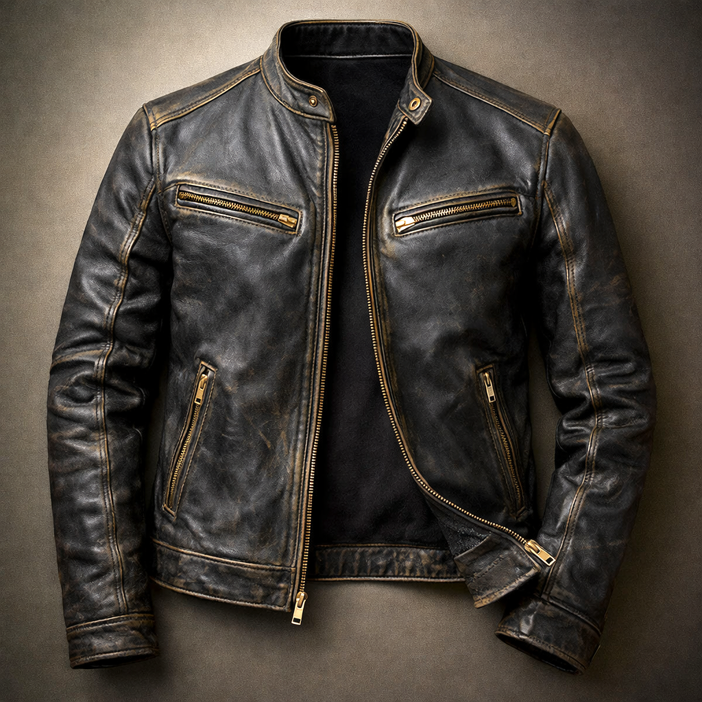 Men's Patina Leather Jacket with 4-Pocket Zip-Up