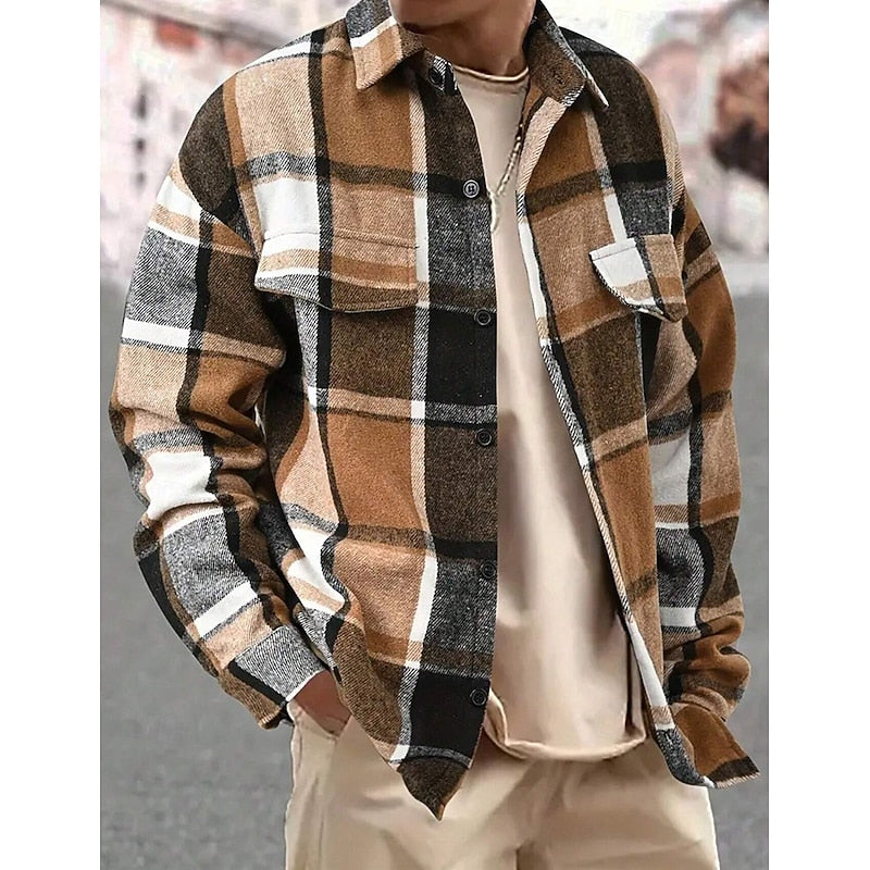 Men's Plaid Flannel Overshirt Long Sleeve Button-Up Shacket for Fall