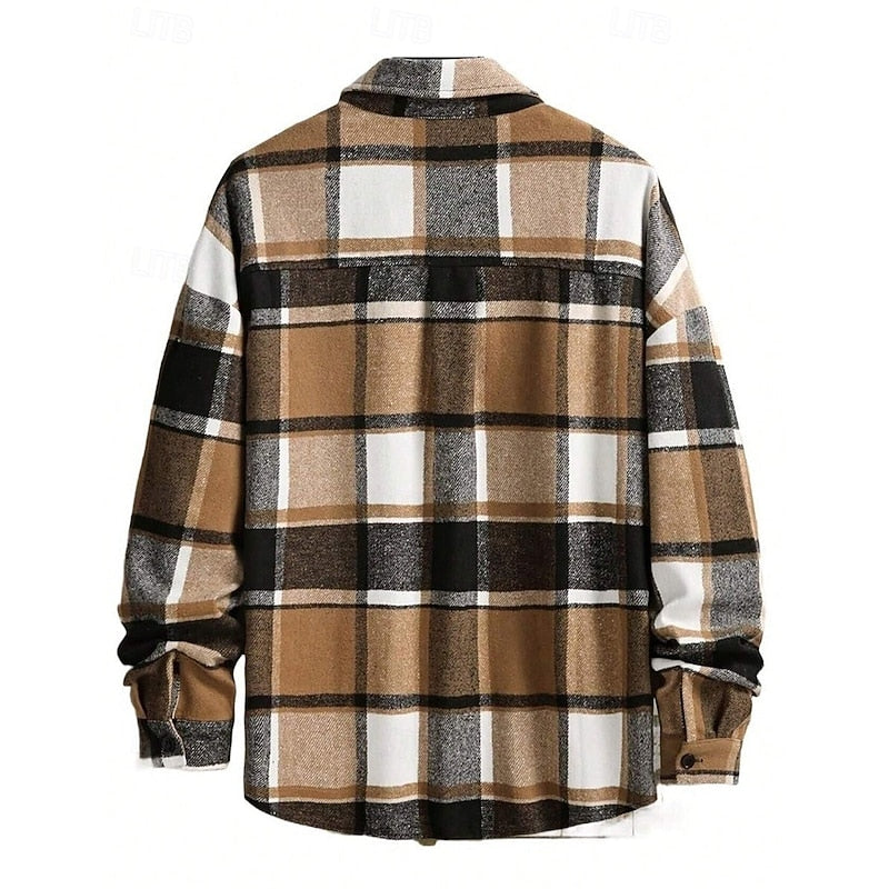 Men's Plaid Flannel Overshirt Long Sleeve Button-Up Shacket for Fall