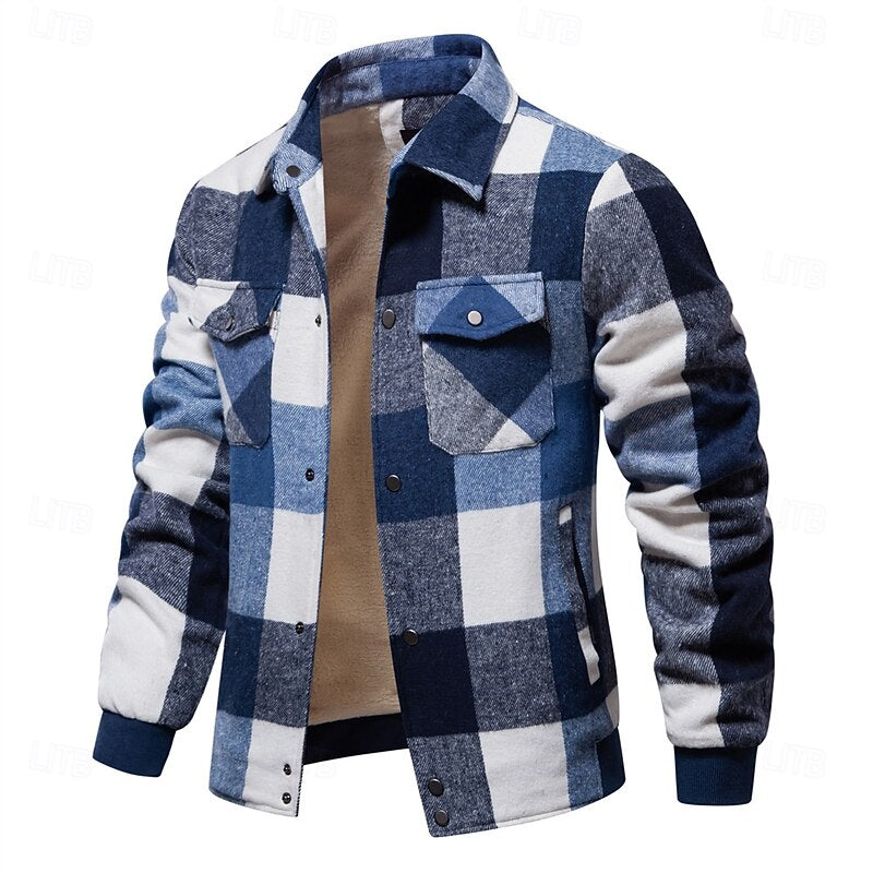 Men's Plaid Flannel Shirt Jacket with Chest Pockets for Winter Layering