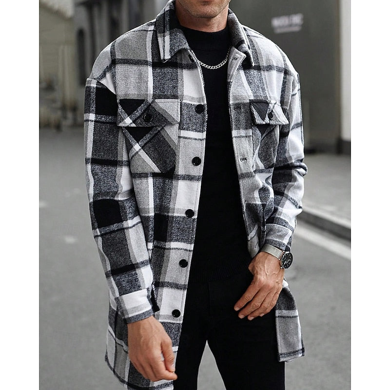 Men's Plaid Long Sleeve Button-Up Shacket with Chest Pockets