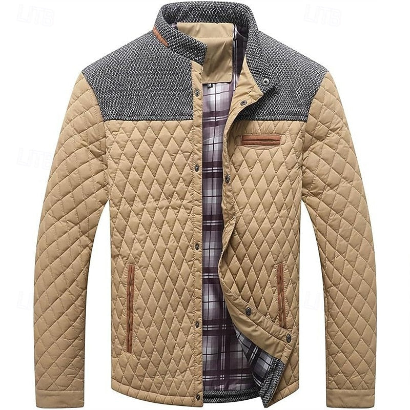 Men's Quilted Jacket with Stand Collar in Khaki Plaid – Casual & Office