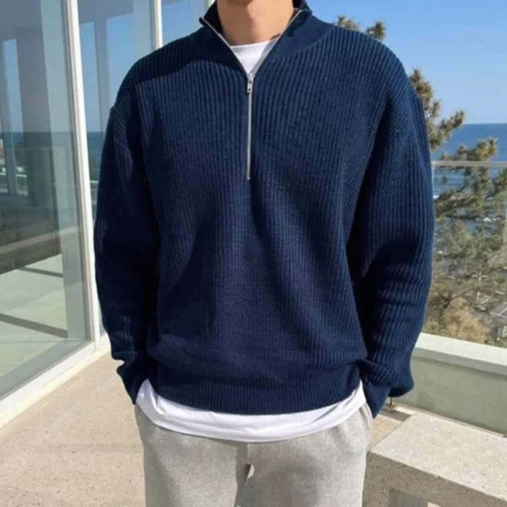 Men's Ribbed Half-Zip Stand Collar Pullover Sweater
