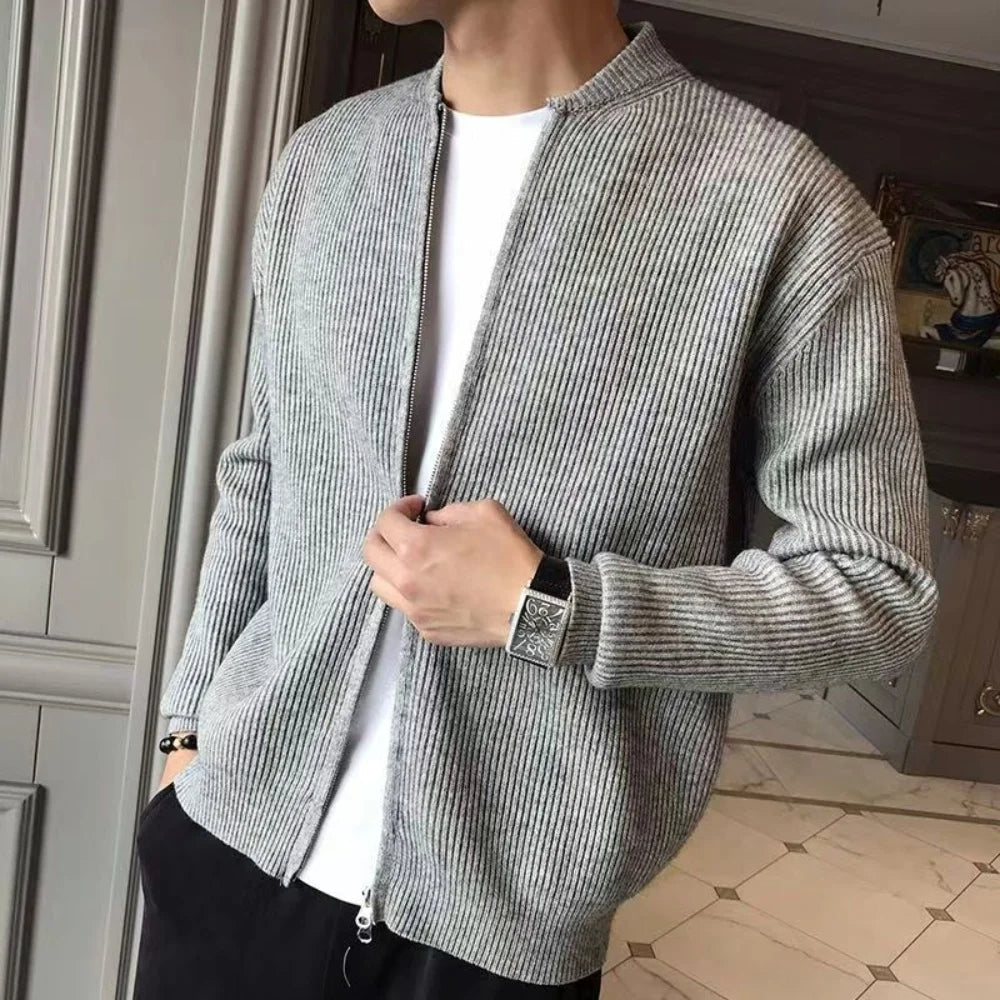Men's Ribbed Zip-Front Cardigan with Relaxed Fit