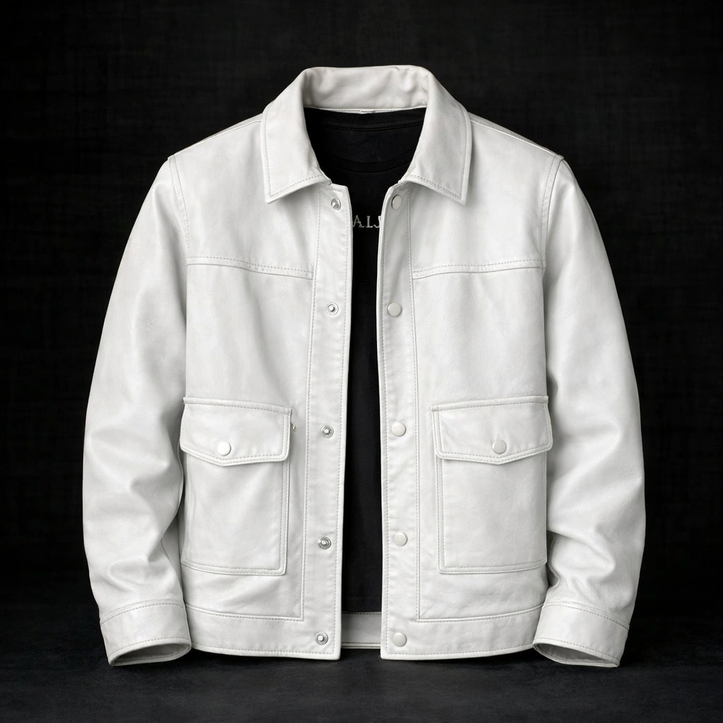 Men's Snap-Front Leather Jacket with Flap Pockets
