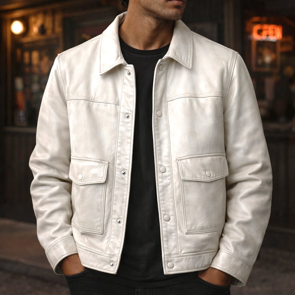 Men's Snap-Front Leather Jacket with Flap Pockets