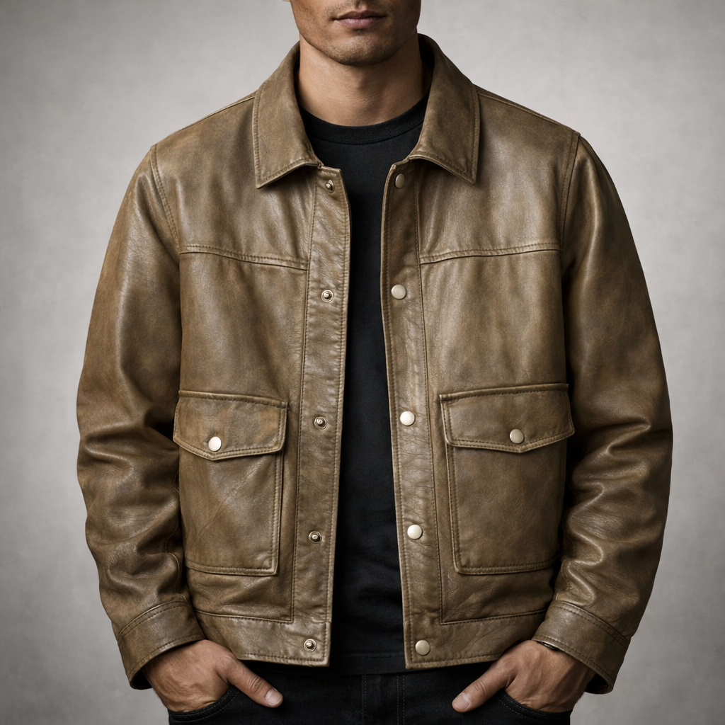 Men's Snap-Front Leather Jacket with Flap Pockets