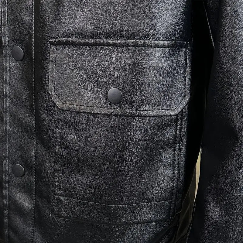 Men's Snap-Front Leather Jacket with Flap Pockets