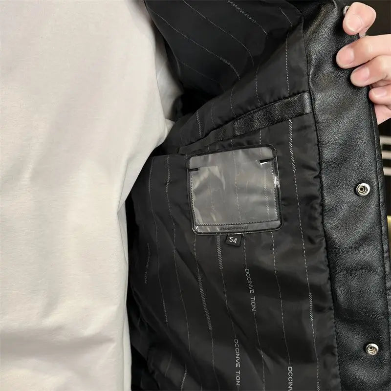 Men's Snap-Front Leather Jacket with Flap Pockets