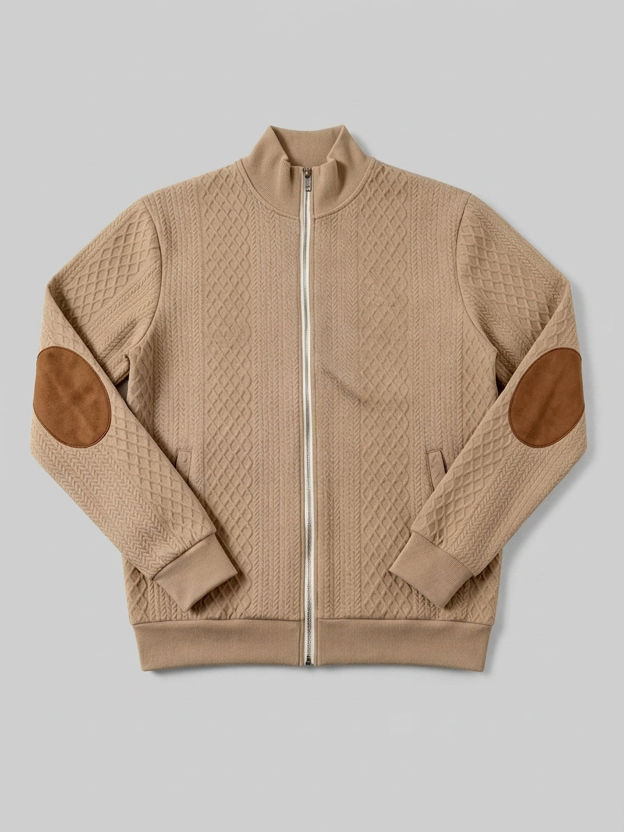 Men's Stand Collar Textured Zip Jacket with Patch Detail