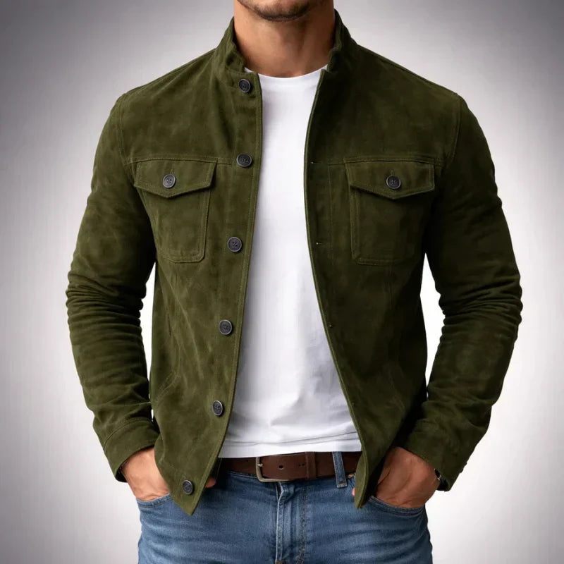 Men's Suede Button-Up Jacket Army Green Stand Collar with Pockets