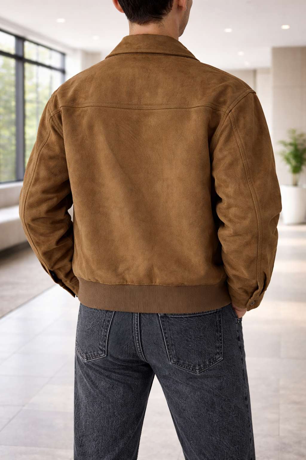 Men's Suede Leather Jacket with Zippered Front Closure