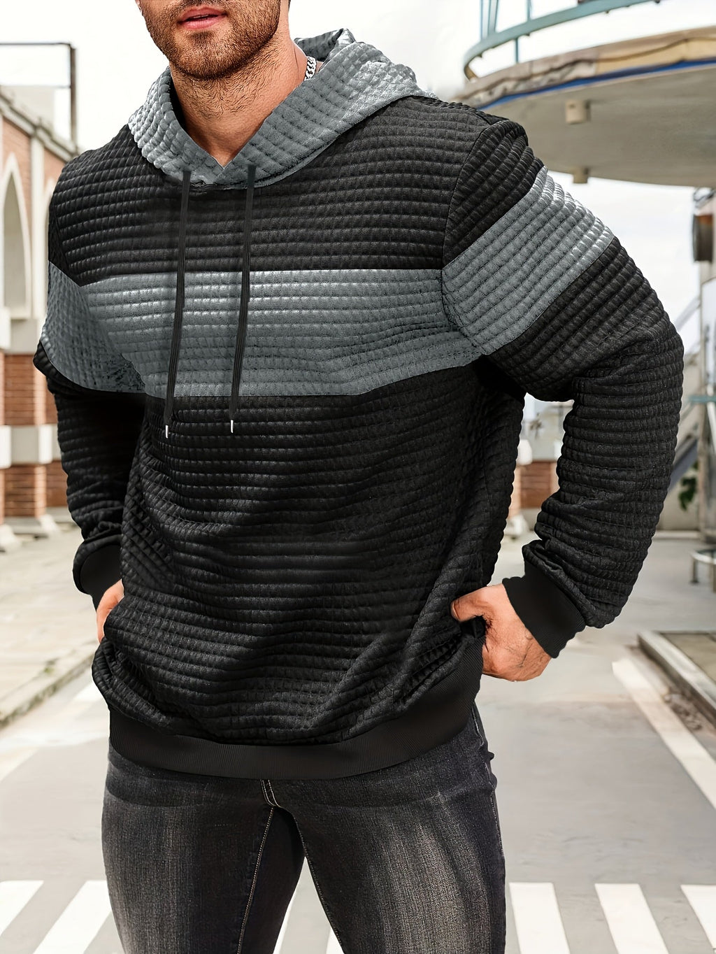 Men's Textured Color-Block Hoodie