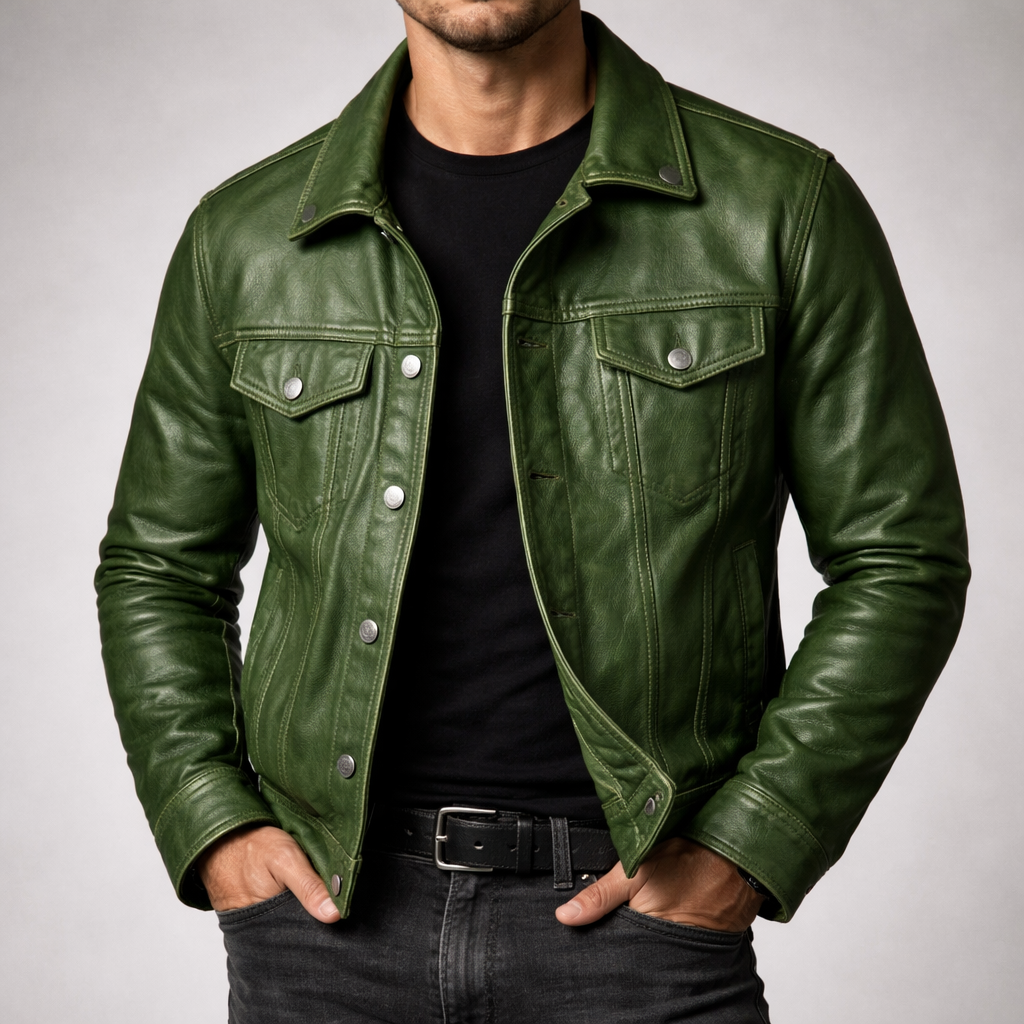 Men's Vintage Button-Front Leather Jacket