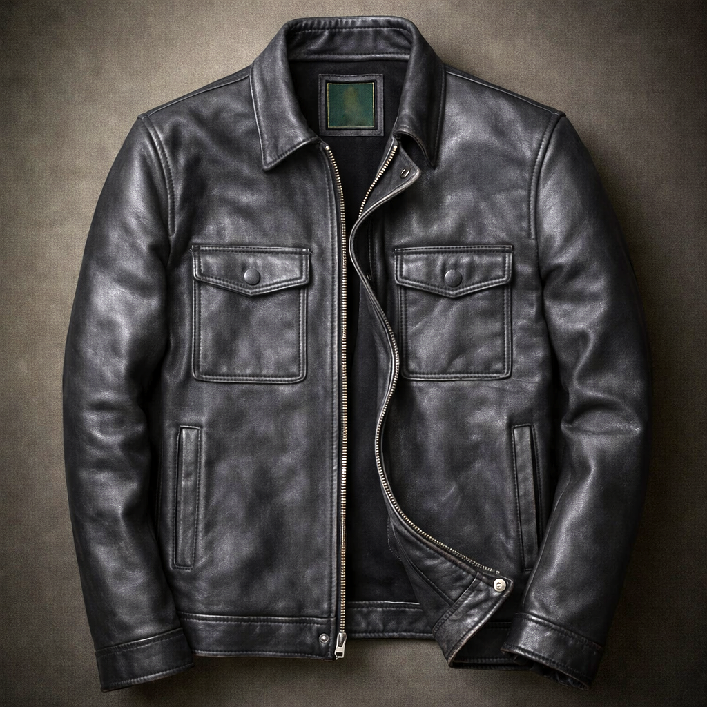 Men's Vintage Leather Jacket with Four-Pocket Design