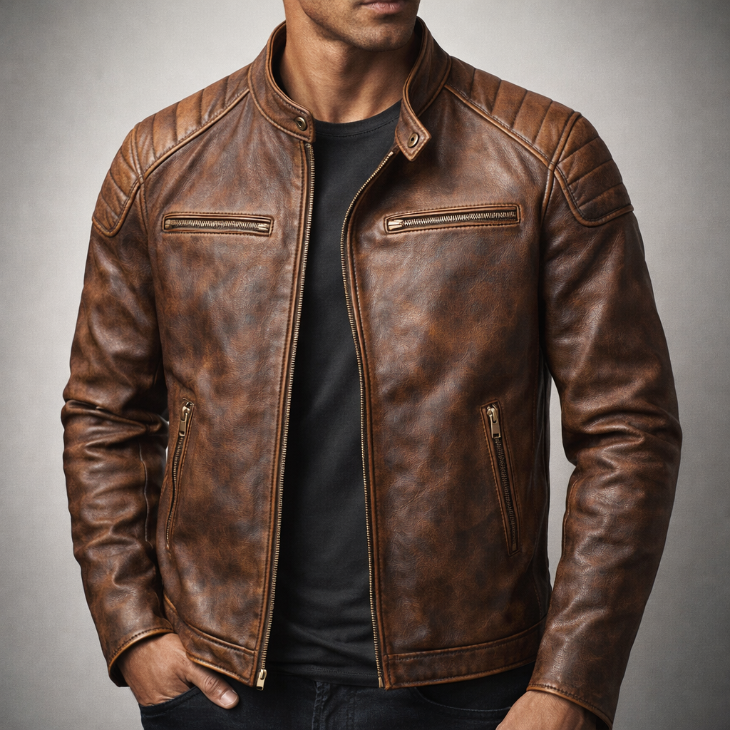 Men's Vintage True Leather Jacket - 4 Pocket Zip-Up