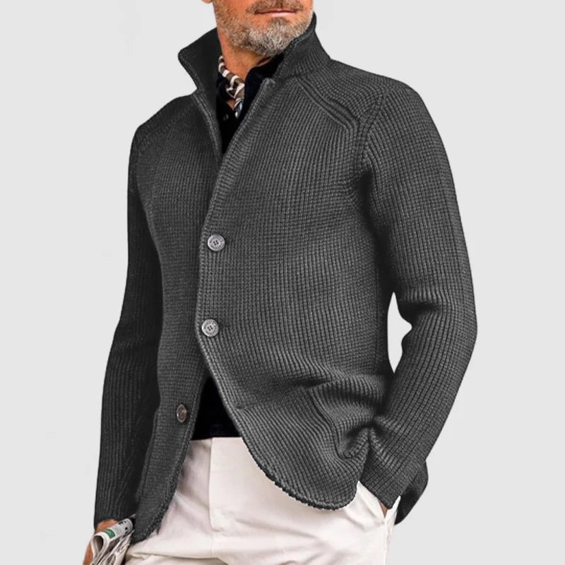 Men's Waffle-Knit Cardigan Sweater with Stand Collar and Buttons
