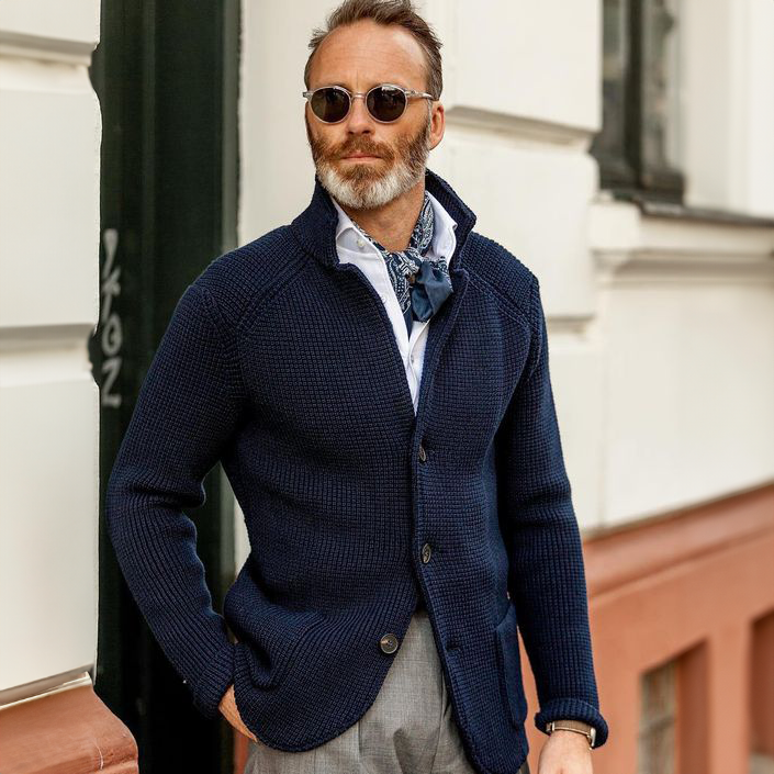 Men's Waffle-Knit Cardigan Sweater with Stand Collar and Buttons