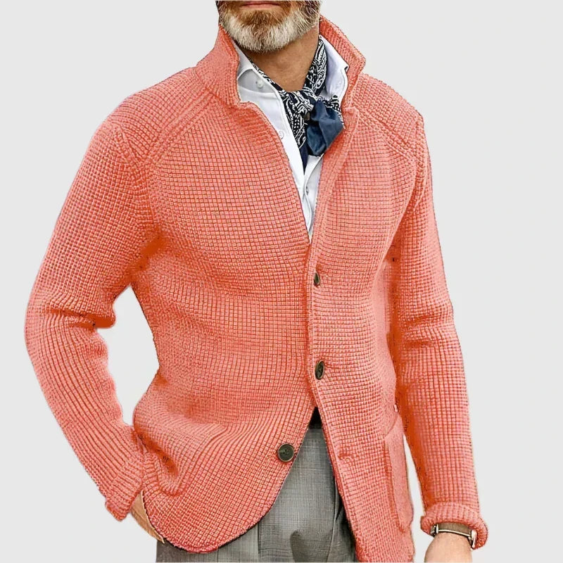 Men's Waffle-Knit Cardigan Sweater with Stand Collar and Buttons