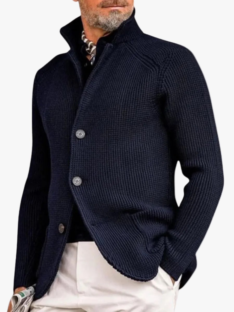 Men's Waffle-Knit Cardigan Sweater with Stand Collar and Buttons
