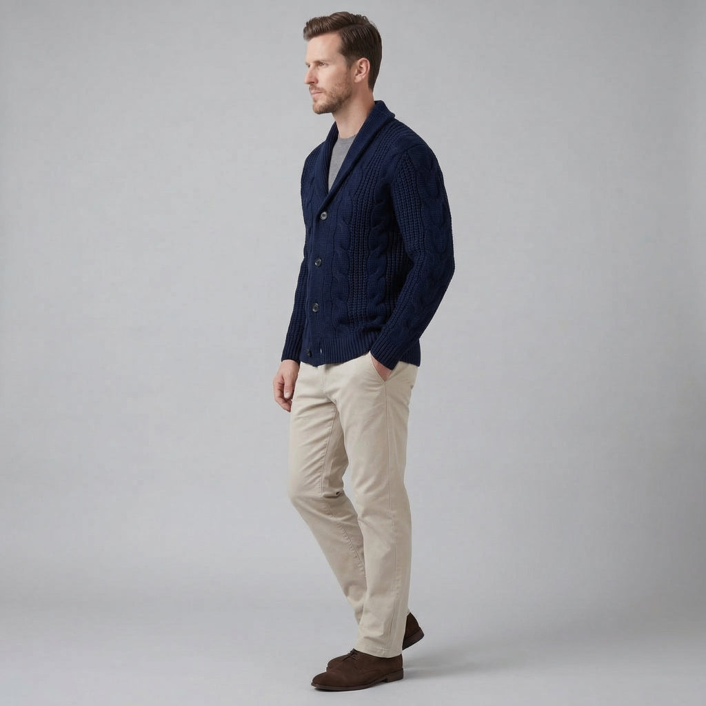 Men's Cable Knit Shawl Collar Cardigan, Button Front