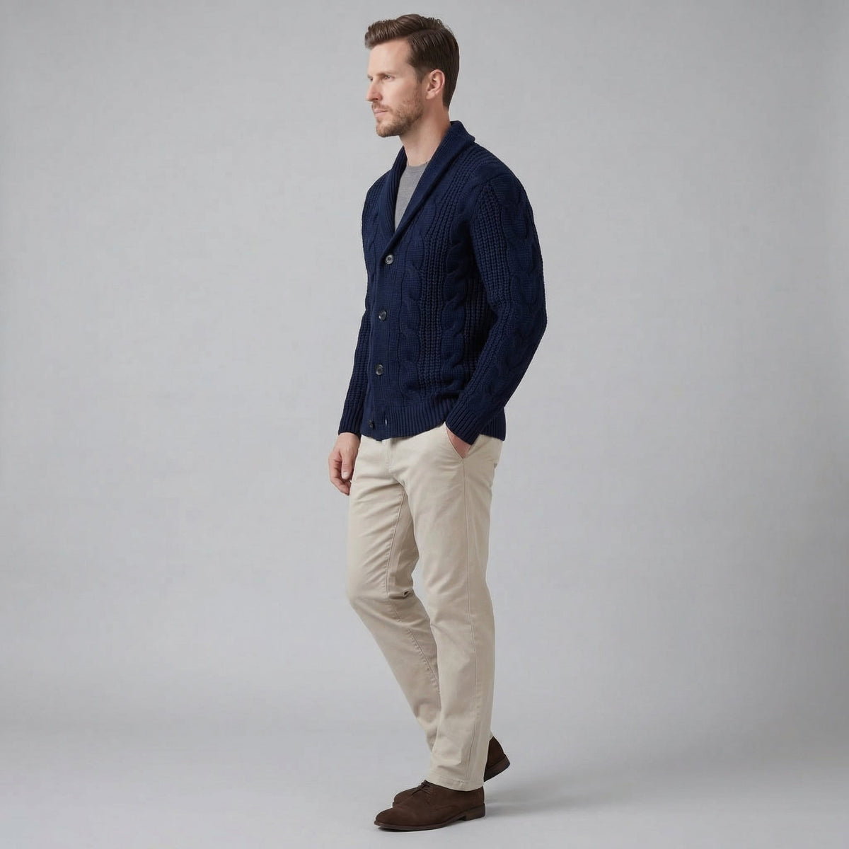 Men's Cable Knit Shawl Collar Cardigan, Button Front