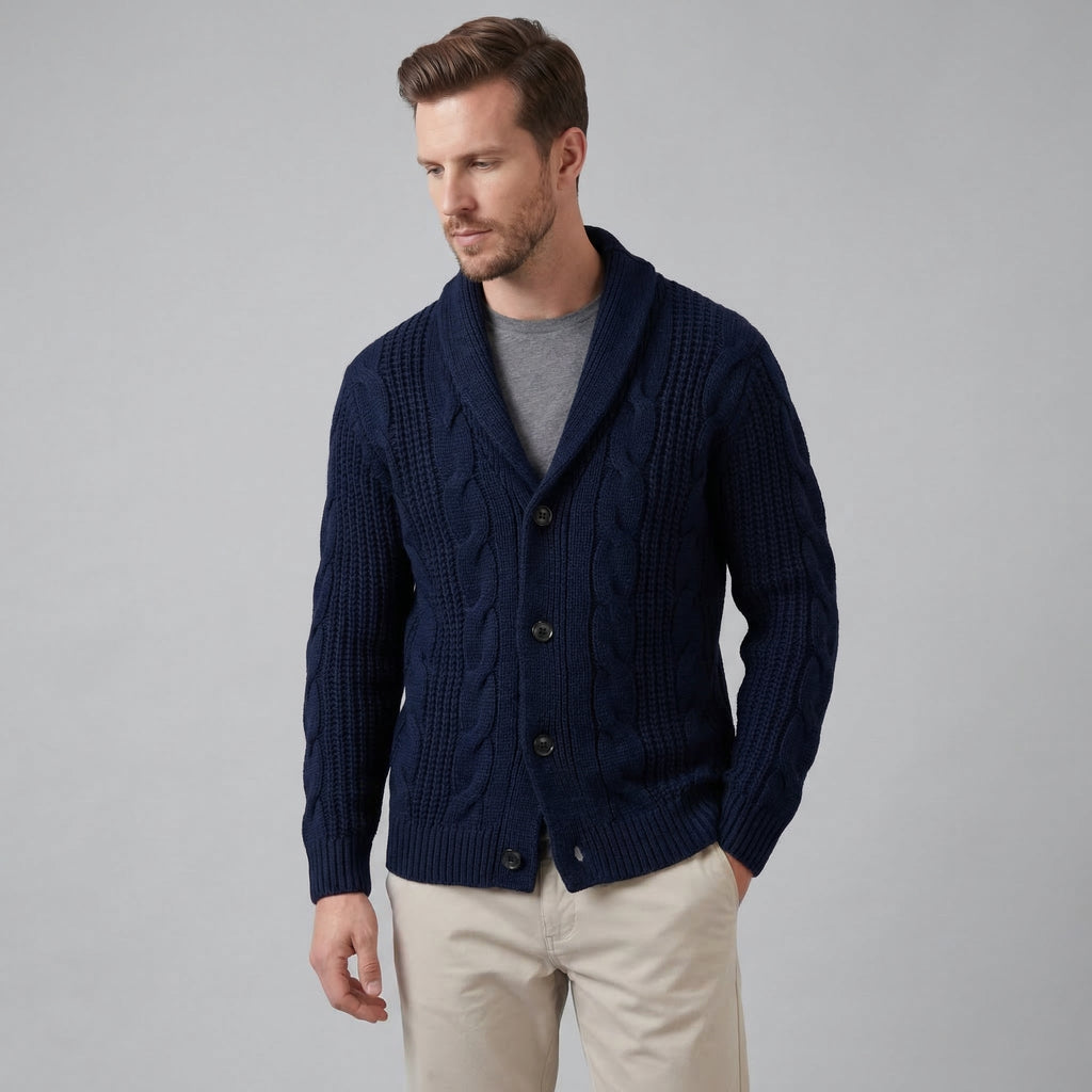 Men's Cable Knit Shawl Collar Cardigan, Button Front