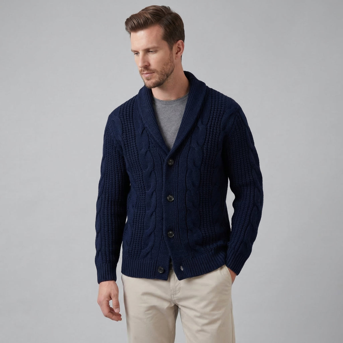 Men's Cable Knit Shawl Collar Cardigan, Button Front