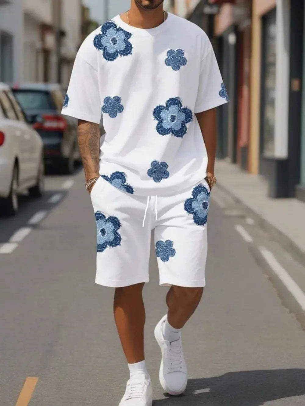 Men's breathable round neck T-shirt and shorts outdoor set