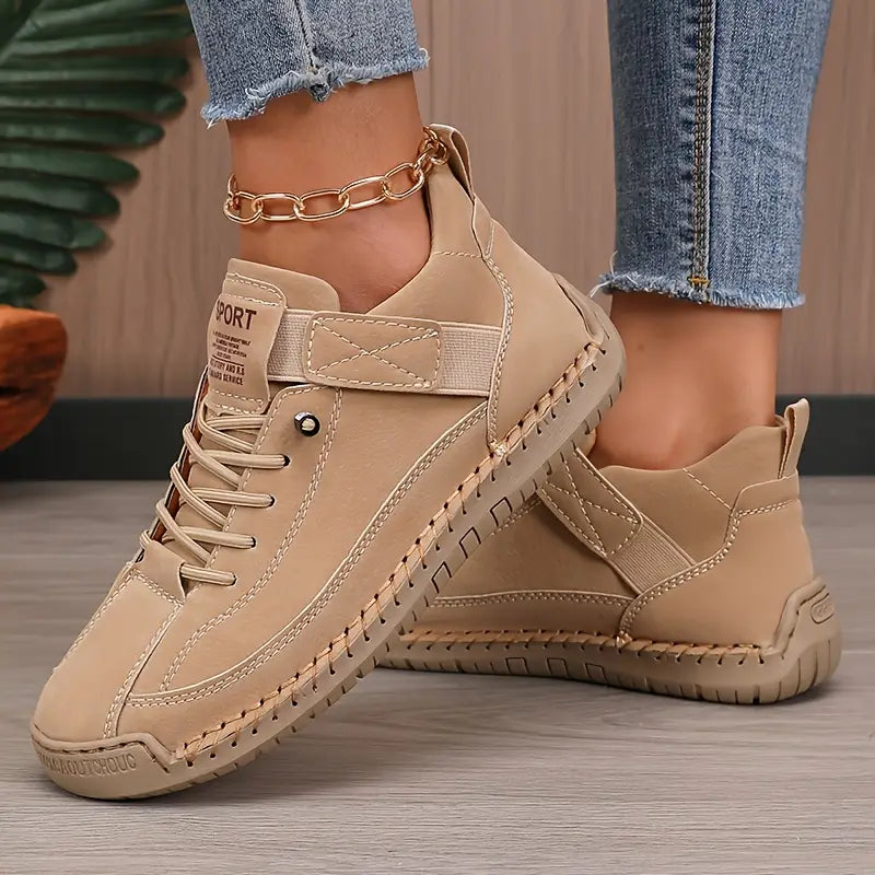 Women's Lightweight Leather Sneakers with Elastic Panels and Shock-Absorbing Sole