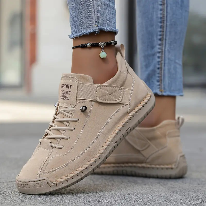 Women's Lightweight Leather Sneakers with Elastic Panels and Shock-Absorbing Sole