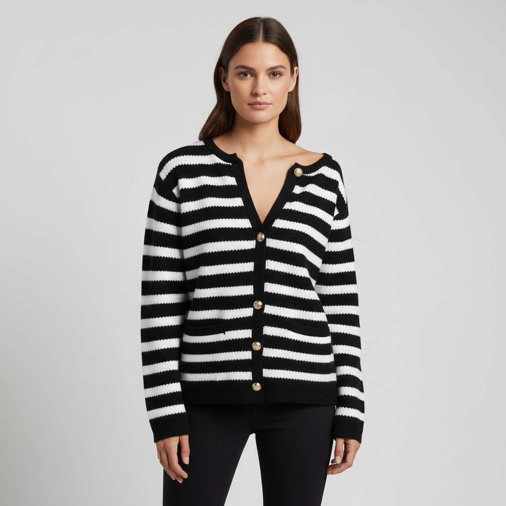 Women's Striped Button-Front Cardigan with V-Neck