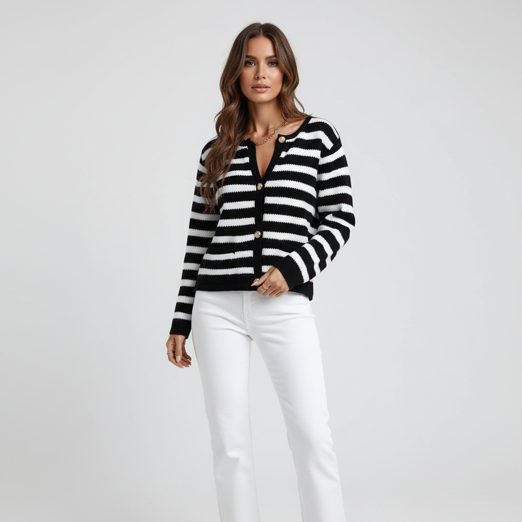 Women's Striped Button-Front Cardigan with V-Neck