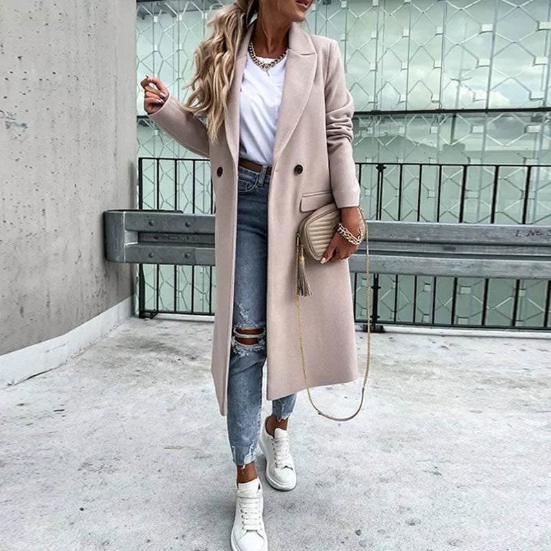 Women's Double-Breasted Long Coat with Notch Lapel