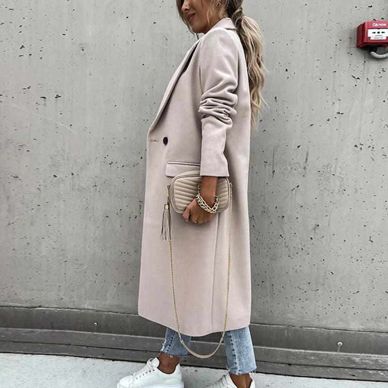 Women's Double-Breasted Long Coat with Notch Lapel