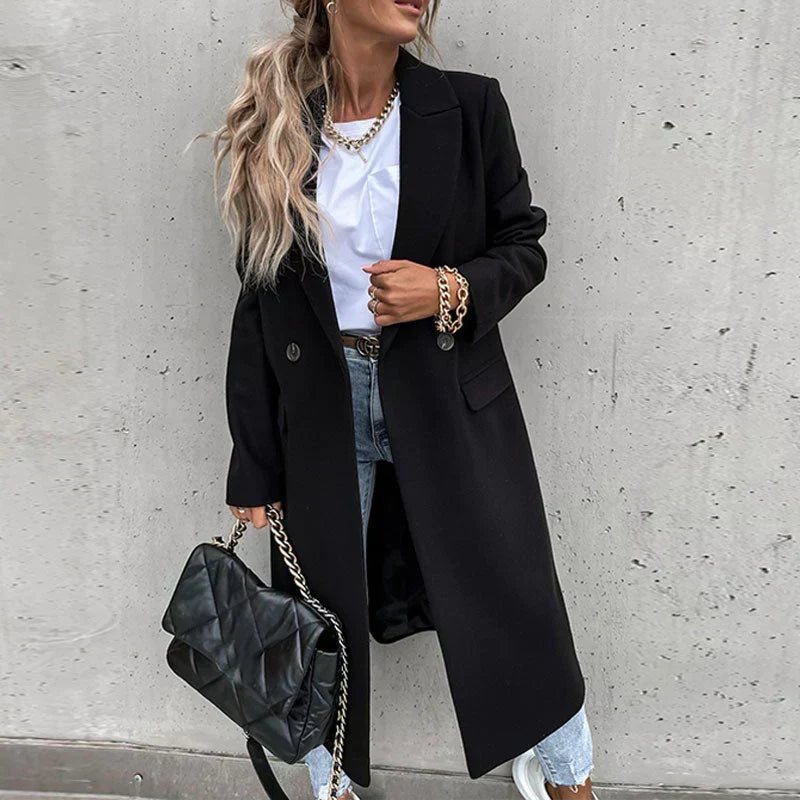 Women's Double-Breasted Long Coat with Notch Lapel
