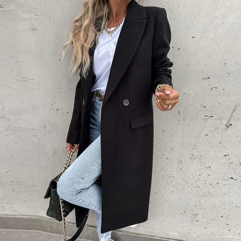 Women's Double-Breasted Long Coat with Notch Lapel