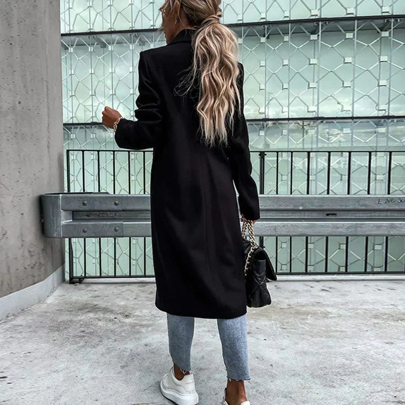 Women's Double-Breasted Long Coat with Notch Lapel