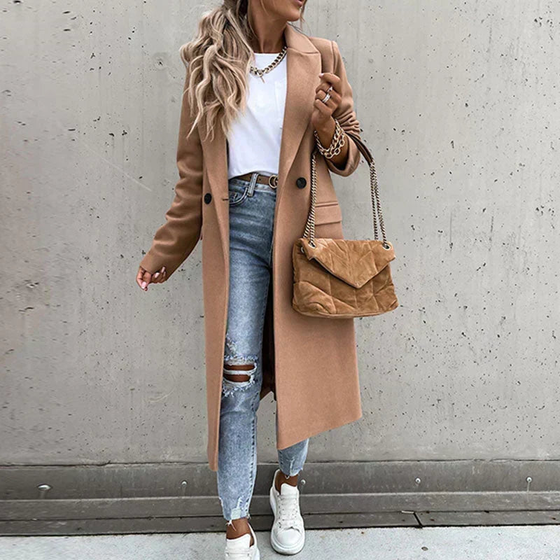 Women's Double-Breasted Long Coat with Notch Lapel