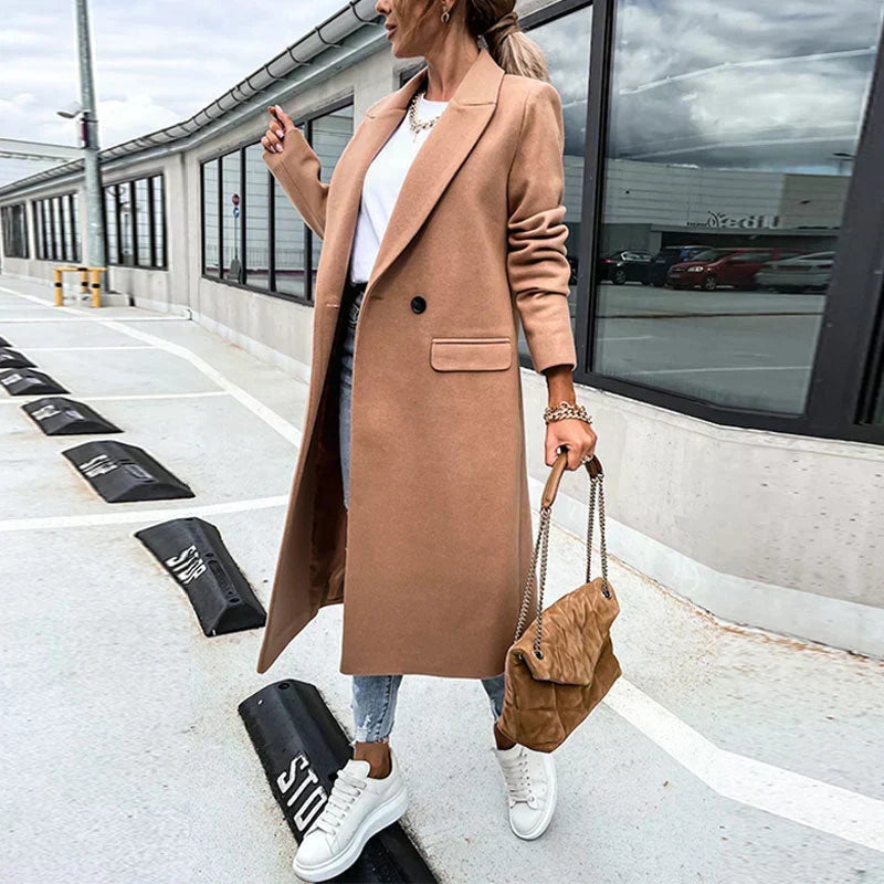 Women's Double-Breasted Long Coat with Notch Lapel