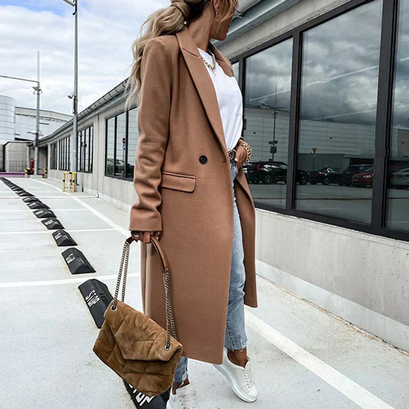 Women's Double-Breasted Long Coat with Notch Lapel