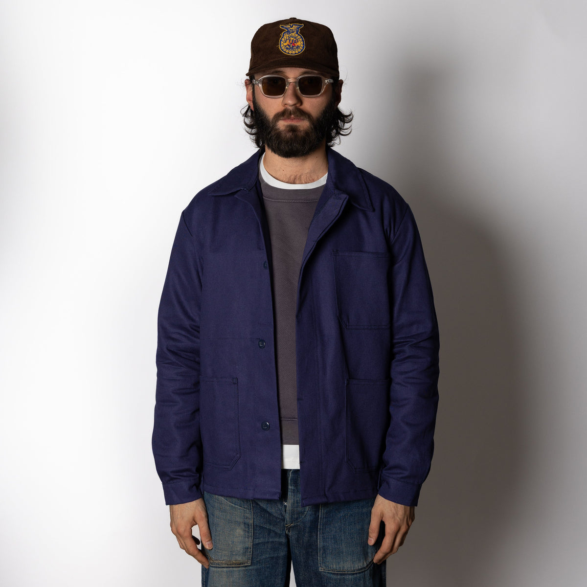 Men's Navy Chore Jacket, Point Collar, Long Sleeves, Button Front