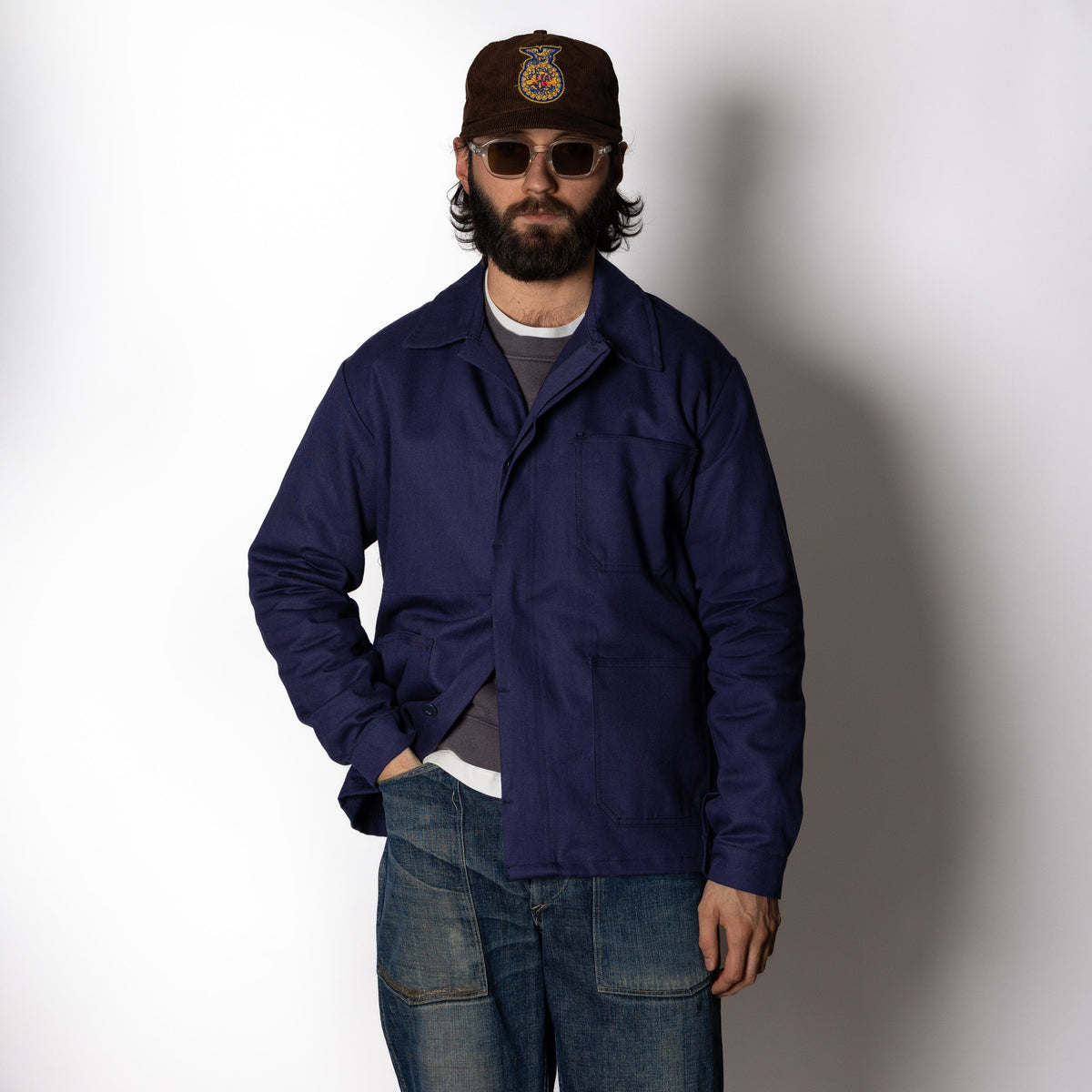 Men's Navy Chore Jacket, Point Collar, Long Sleeves, Button Front