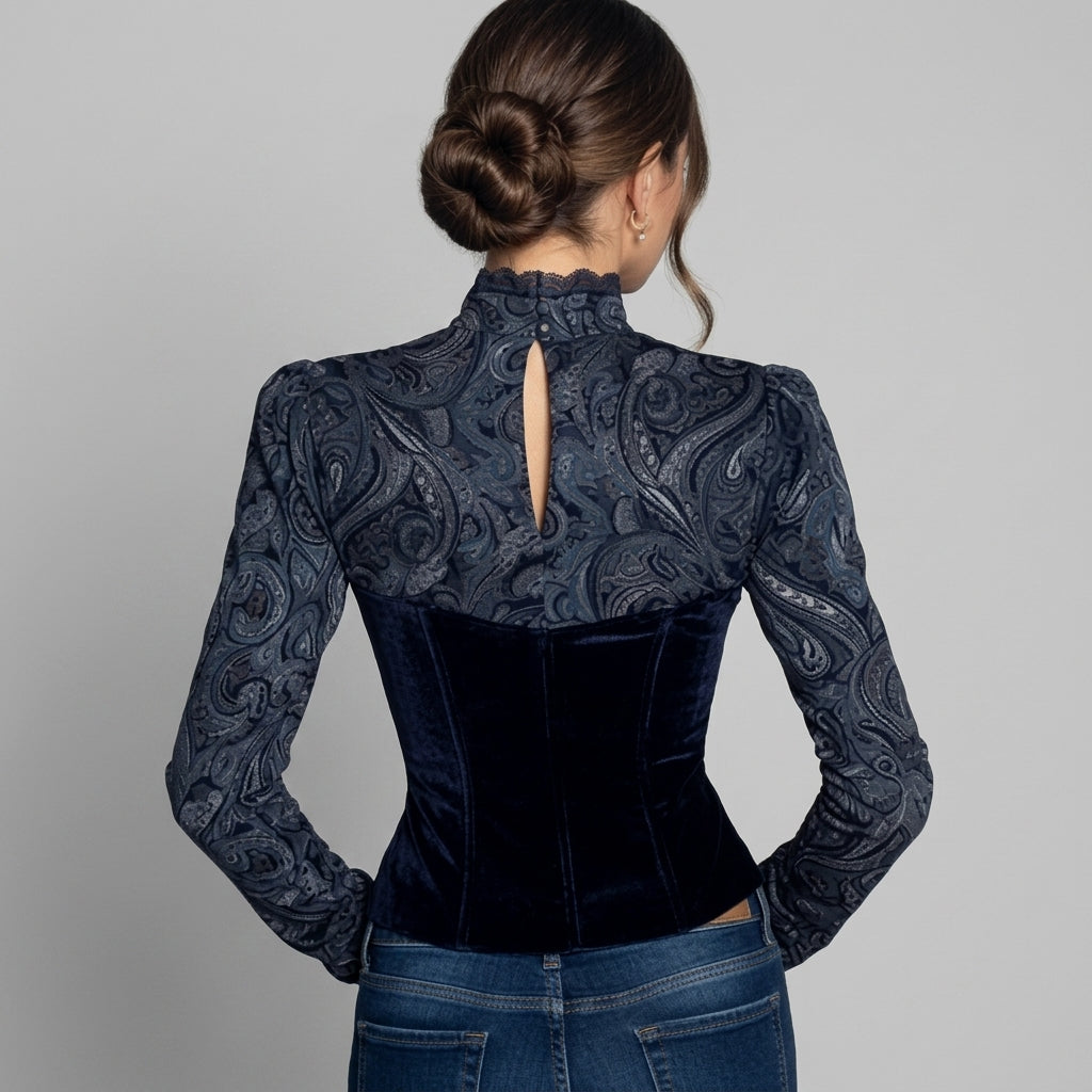 Nicole - Women's Lace Trim Velvet Corset Blouse
