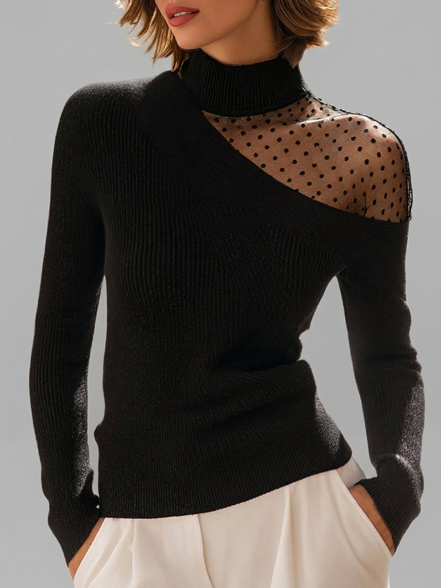 Nora - Women's Sweater with Asymmetrical Mesh Polka Dot Panel