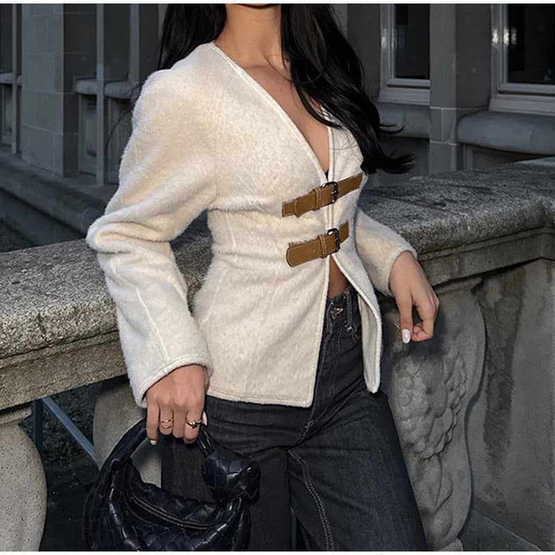Women's Buckle-Front Teddy Jacket with V-Neck