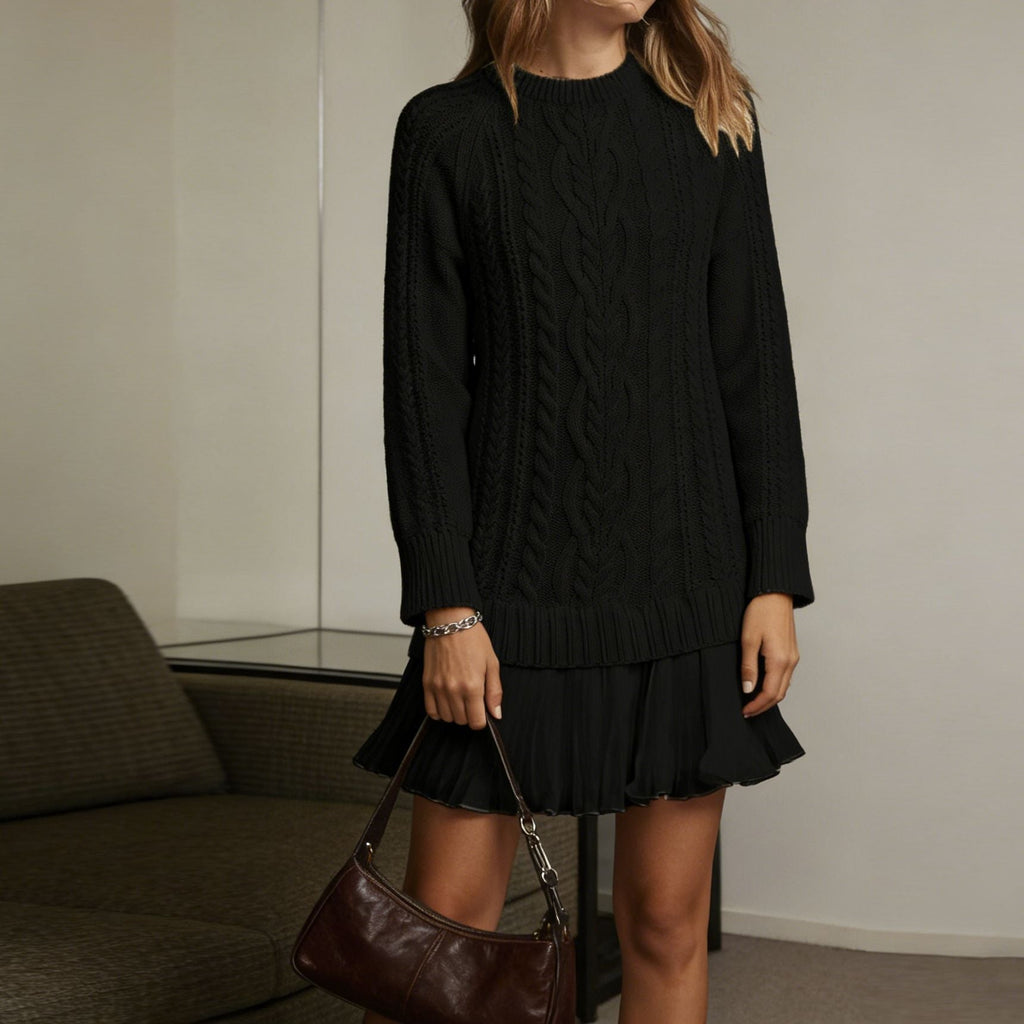 Women's Cable-Knit Sweater Dress Crew Neck Tunic Style