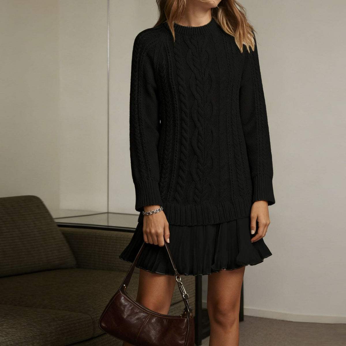 Women's Cable-Knit Sweater Dress Crew Neck Tunic Style