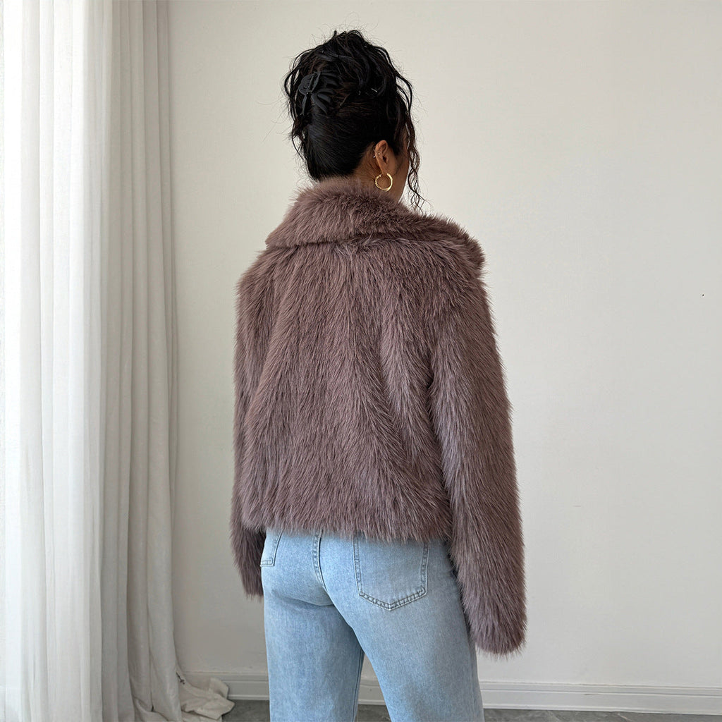 Women's Faux Fur Cropped Jacket with Stand Collar
